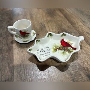 Cracker Barrel Leaf Plate and Cup Set with Red Cardinals